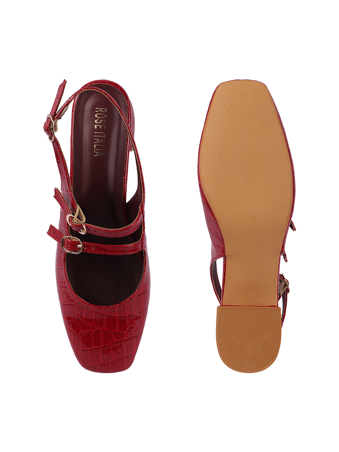 Rose Italia Crocodile-Textured Double Buckle Slingback Heels