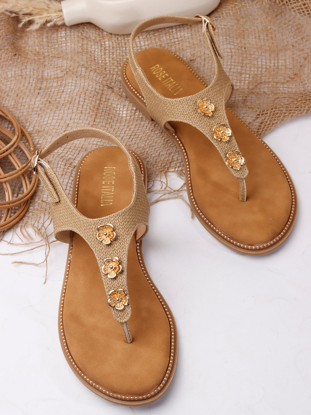Rose Italia T-strap Slip-on Flat Sandals