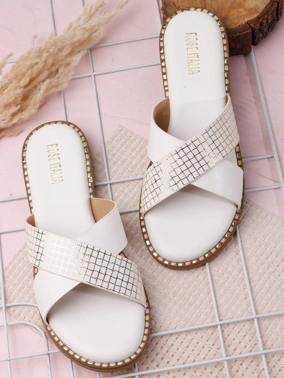 Rose Italia Cross-Strap Slip-on Flat Sandals