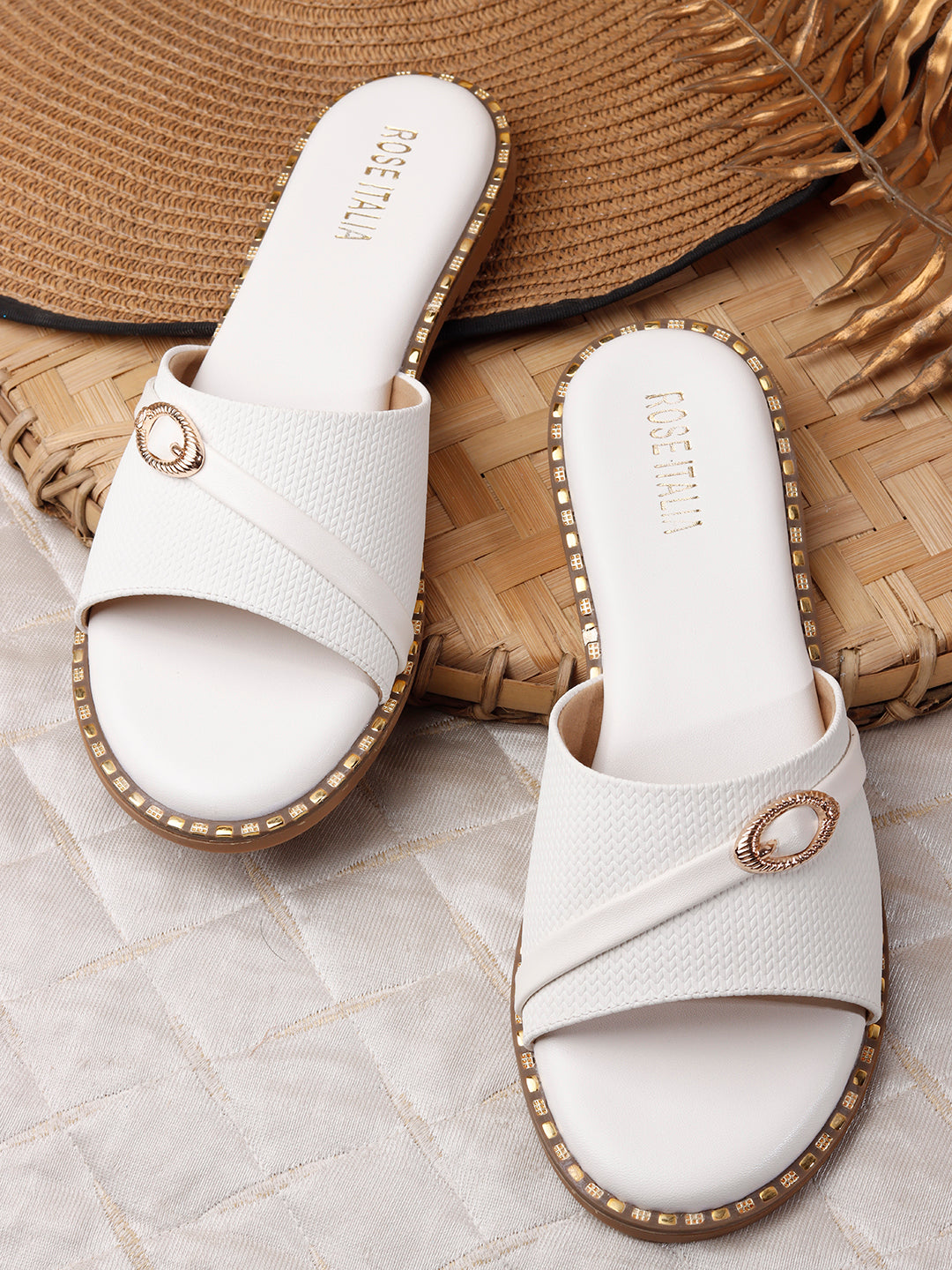 Rose Italia Cross-Band Slip-on Flat Sandals