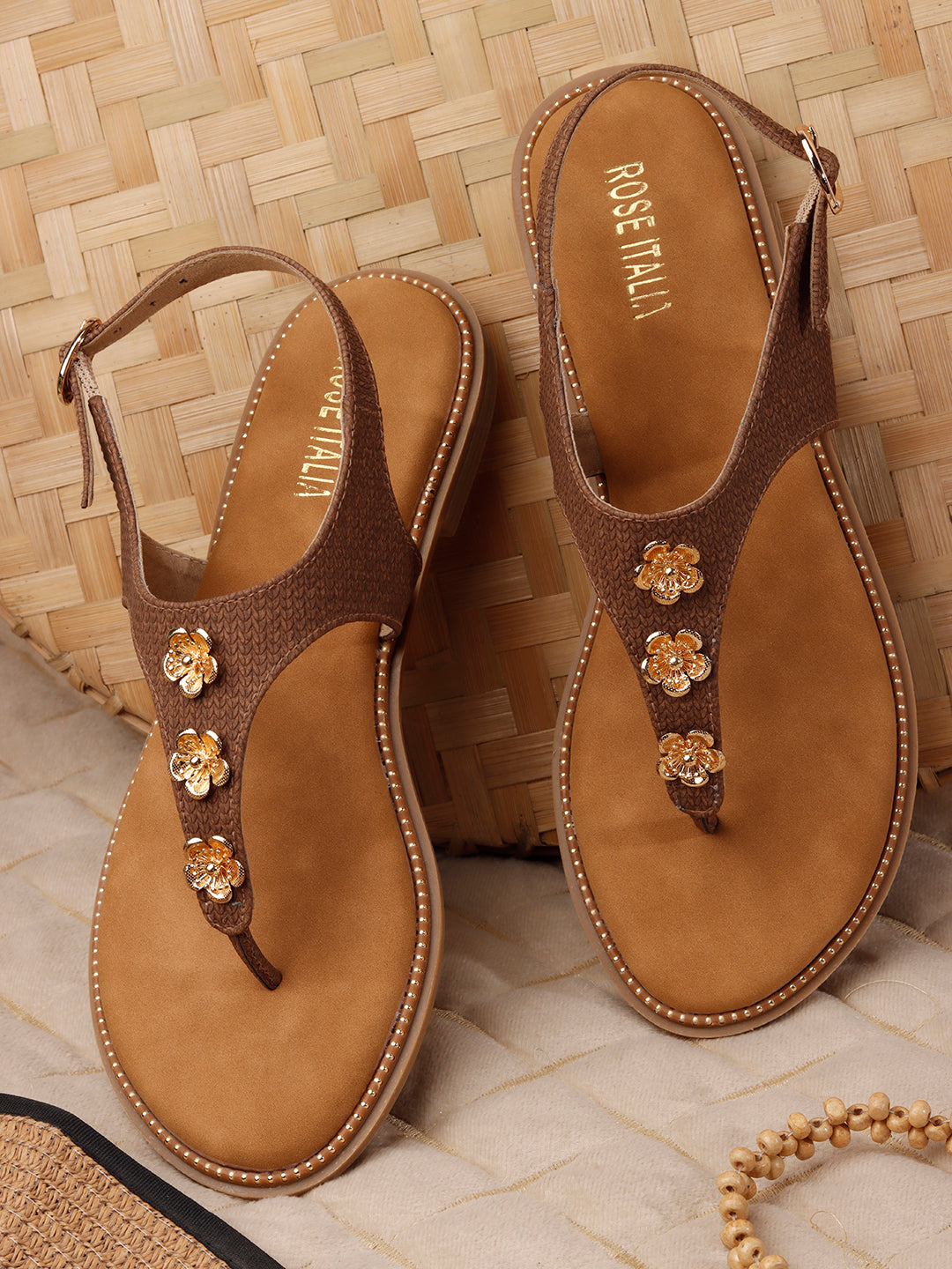Rose Italia T-strap Slip-on Flat Sandals