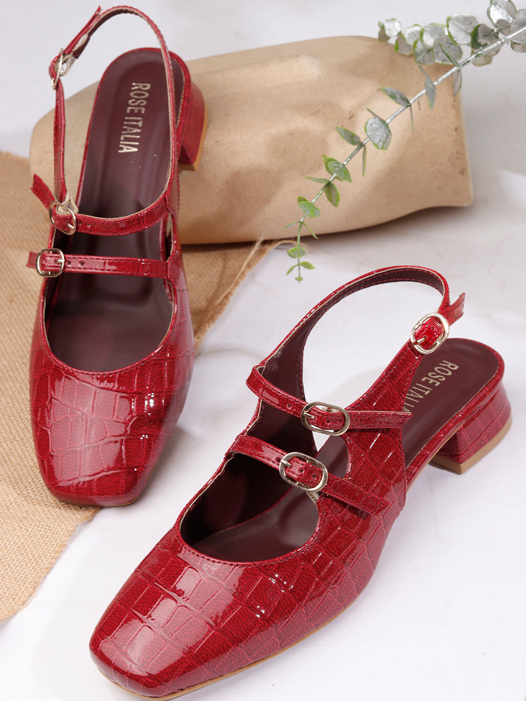 Rose Italia Crocodile-Textured Double Buckle Slingback Heels