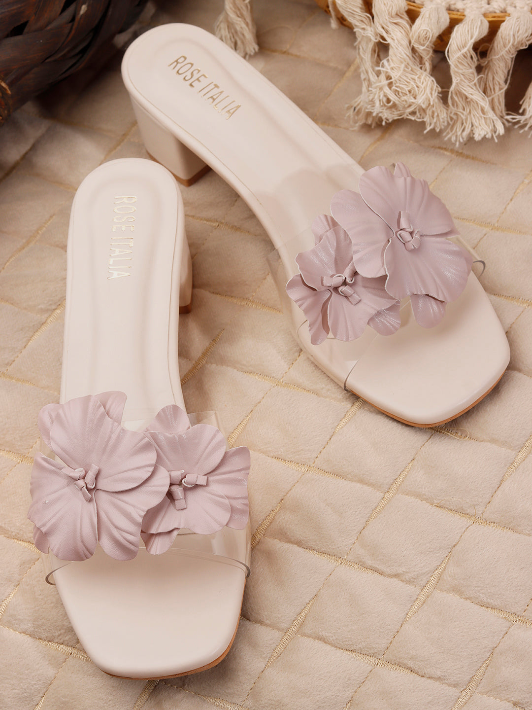Rose Italia Floral Embellished Block Heel Slides