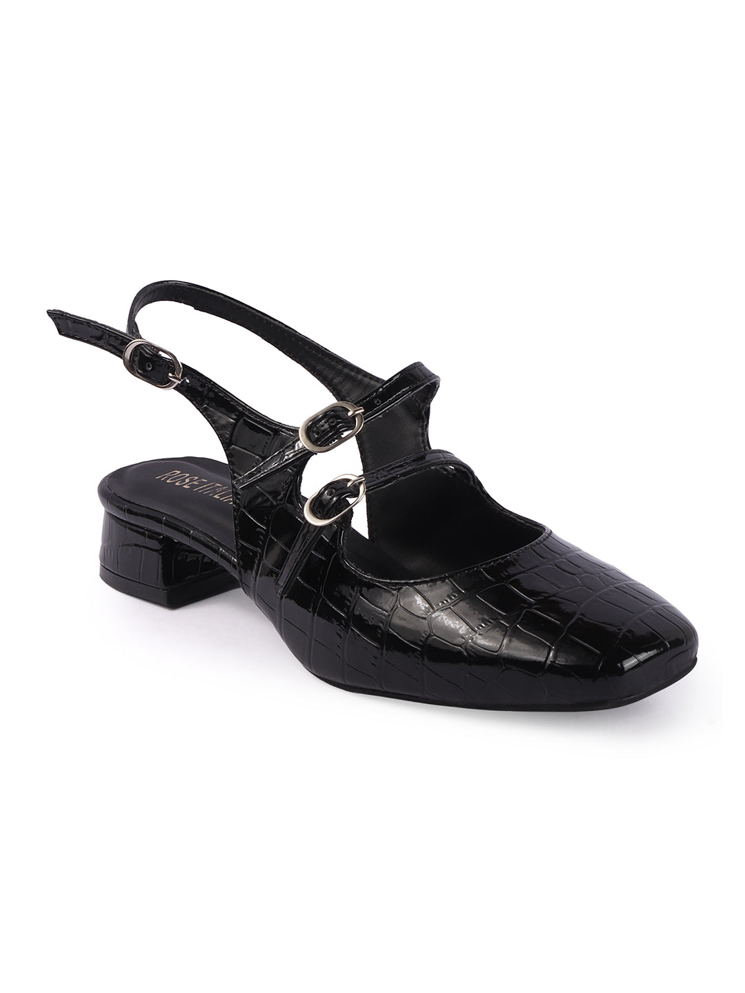 Rose Italia Crocodile-Textured Double Buckle Slingback Heels