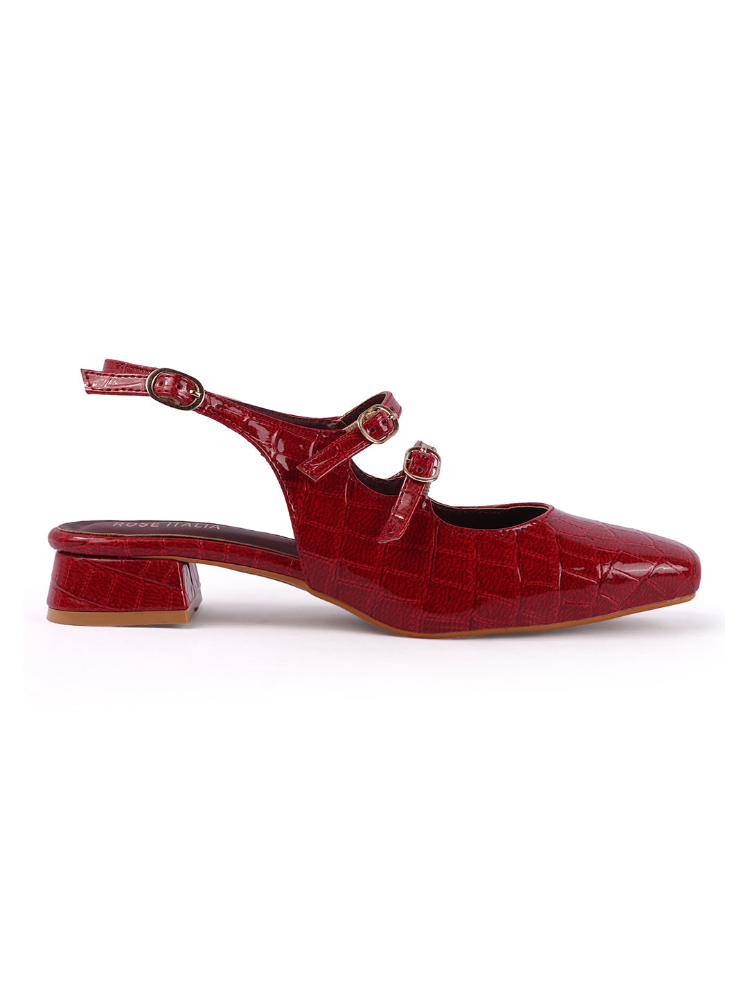 Rose Italia Crocodile-Textured Double Buckle Slingback Heels