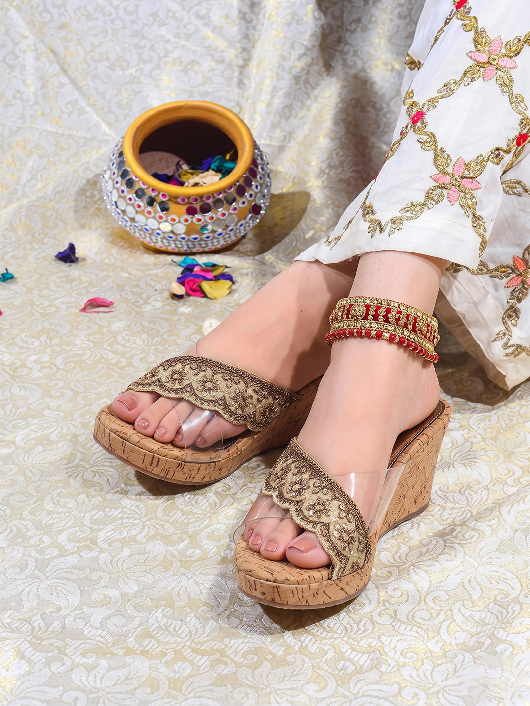 Rose Italia Gold Cork-Effect Wedge Sandals