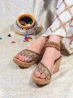 Rose Italia Gold Cork-Effect Wedge Sandals