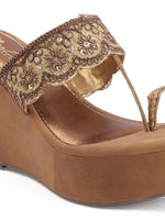 Rose Italia Gold Floral Embroidered Wedge Sandals