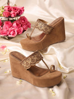 Rose Italia Gold Floral Embroidered Wedge Sandals