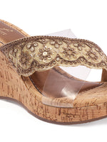 Rose Italia Gold Cork-Effect Wedge Sandals