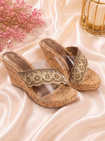 Rose Italia Gold Cork-Effect Wedge Sandals