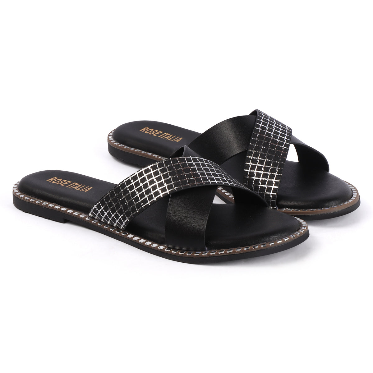 Rose Italia Cross-Strap Slip-on Flat Sandals