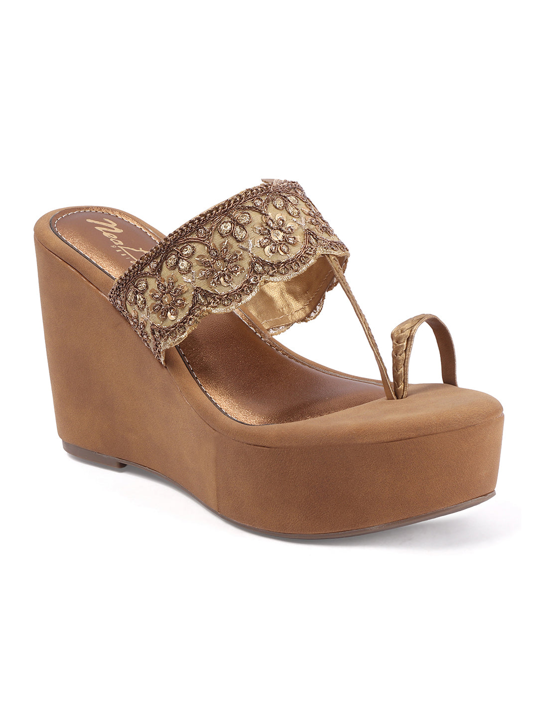 Rose Italia Gold Floral Embroidered Wedge Sandals