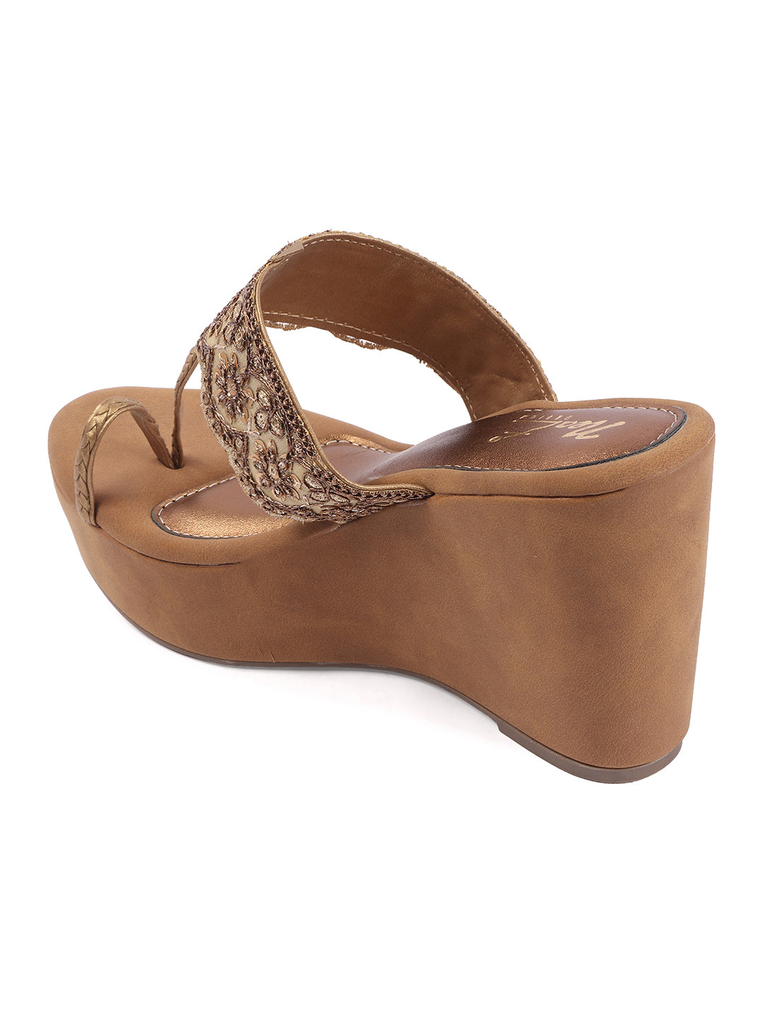 Rose Italia Gold Floral Embroidered Wedge Sandals