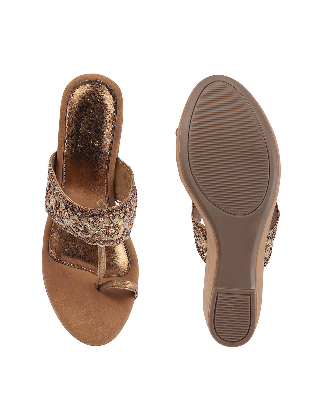 Rose Italia Gold Floral Embroidered Wedge Sandals