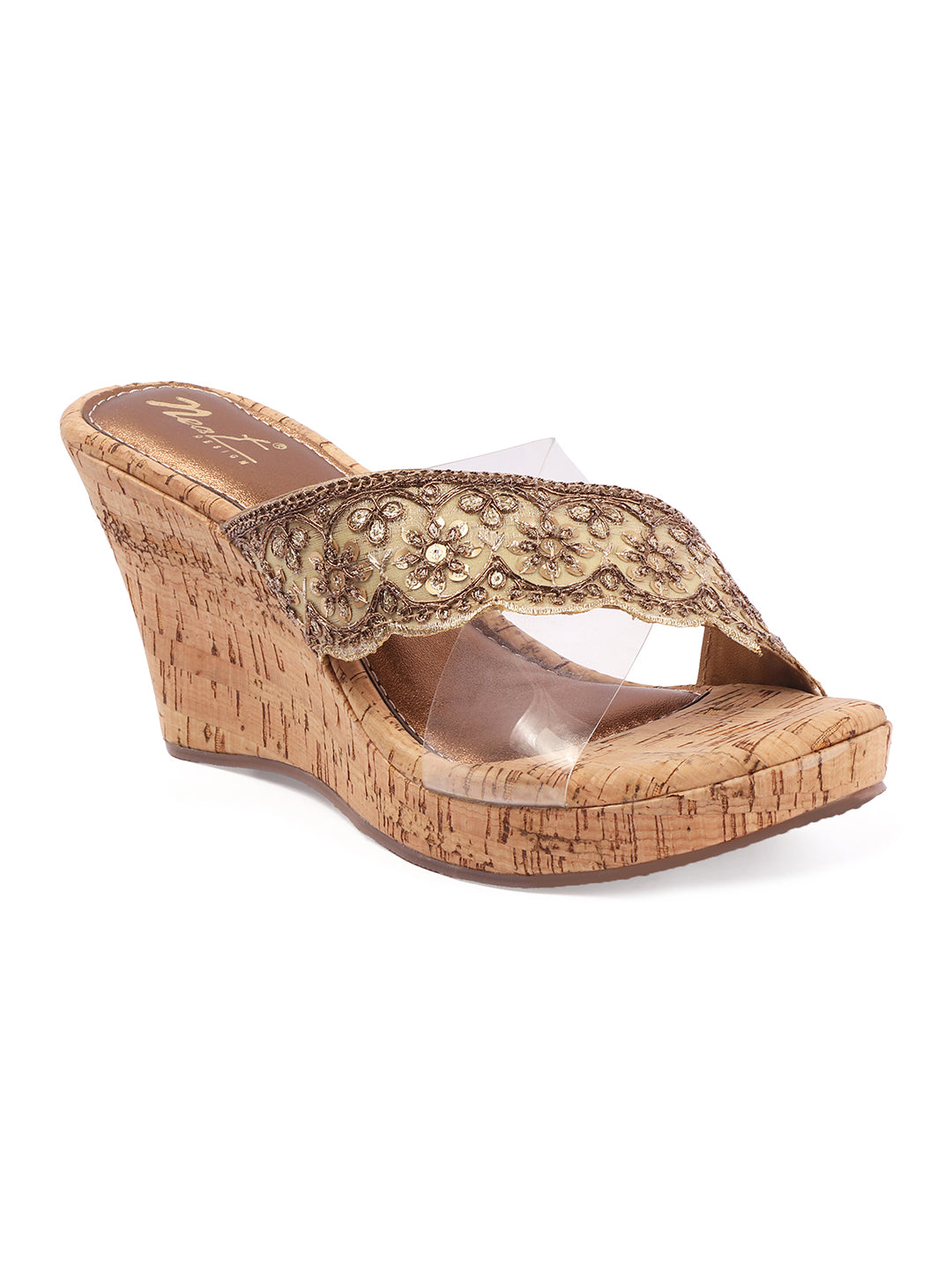 Rose Italia Gold Cork-Effect Wedge Sandals