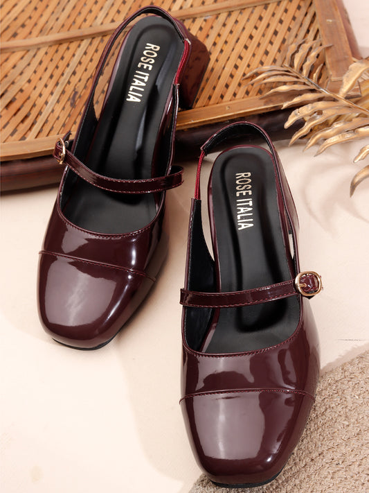 Rose Italia Maroon Patent Mary Jane Block Heels