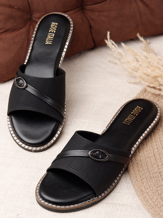 Rose Italia Cross-Band Slip-on Flat Sandals