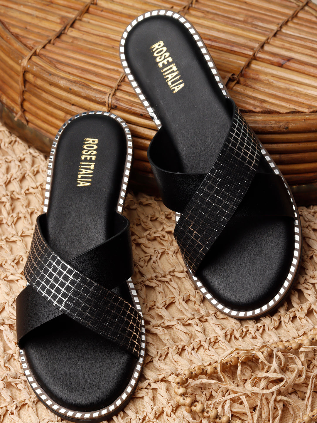 Rose Italia Cross-Strap Slip-on Flat Sandals