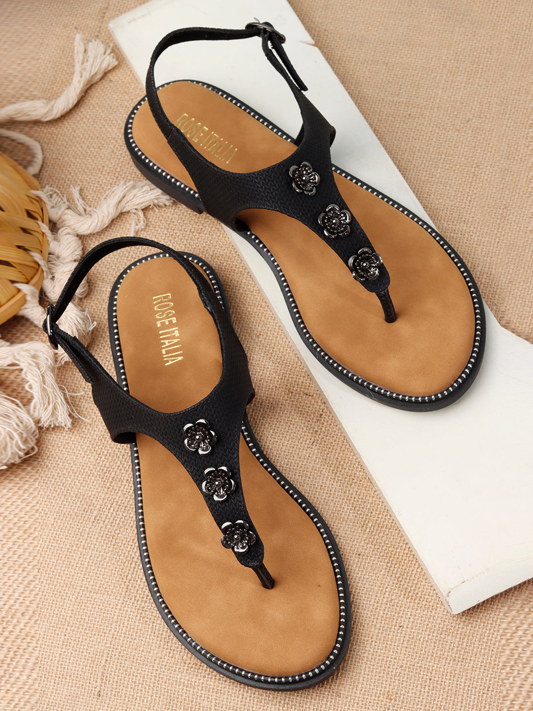 Rose Italia T-strap Slip-on Flat Sandals
